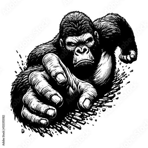 gorilla breaking wall sketch engraving black and white outline. Scratch board imitation.  illustrated in vintage line art style on a white background.
