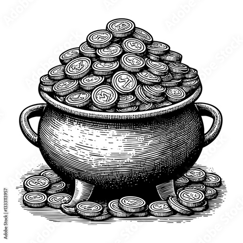 Cauldron full of gold coin sketch engraving black and white outline. Scratch board imitation.  illustrated in vintage line art style on a white background.