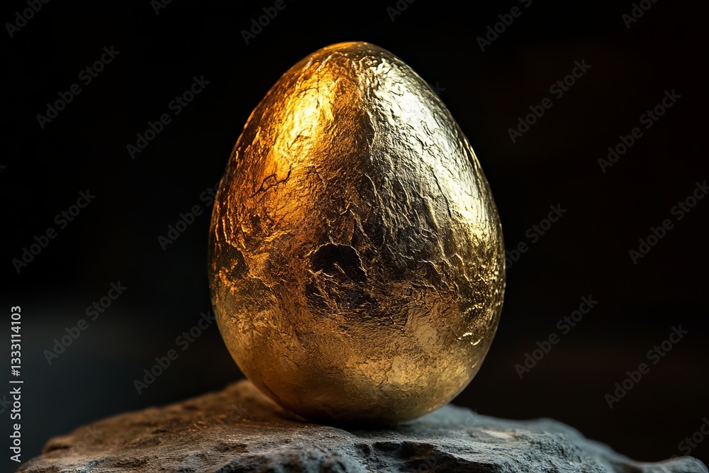 Fototapeta premium Luxury Golden Egg on Dark Stone Background Rich Texture Elegant Design Precious Metal Easter Symbol Wealth Prosperity Success Festive Decoration 