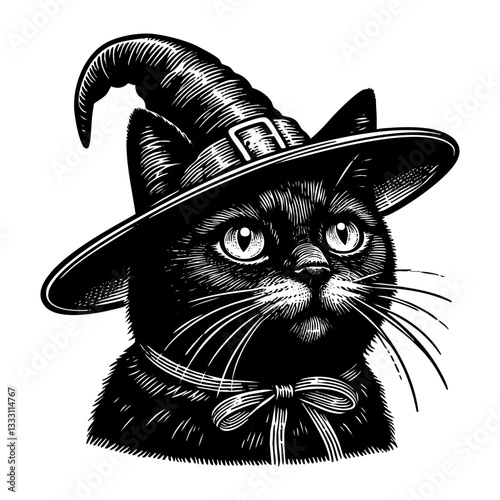 Black cat wear witch hat with broom sketch engraving black and white outline. Scratch board imitation.