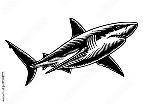 Shark sketch engraving black and white outline. Scratch board imitation.  illustrated in vintage line art style on a white background.
