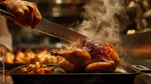 Roasted Chicken culinary masterpiece: A steaming hot roasted chicken being expertly carved.