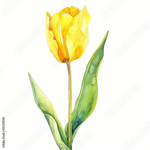 Watercolor Yellow Tulip Isolated on White Background. Beautiful Tulip Flower
