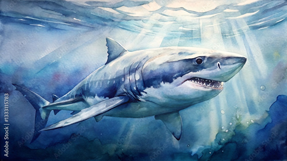 Naklejka premium Watercolor painting of a great white shark swimming underwater with sunlight streaming through the water in the deep blue ocean