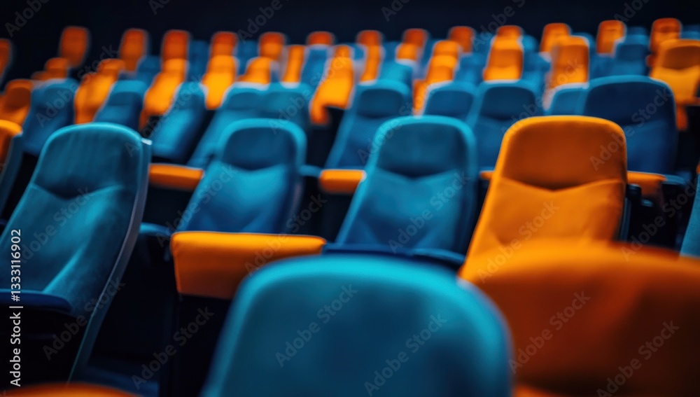 Naklejka premium Cinema Seats: A Colorful Arrangement of Theater Chairs