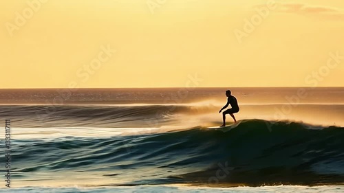 Surfer riding a wave at sunset over the ocean. Silhouette of a person balancing on a surfboard with golden light reflecting on the water. Surfing and adventure sports concept