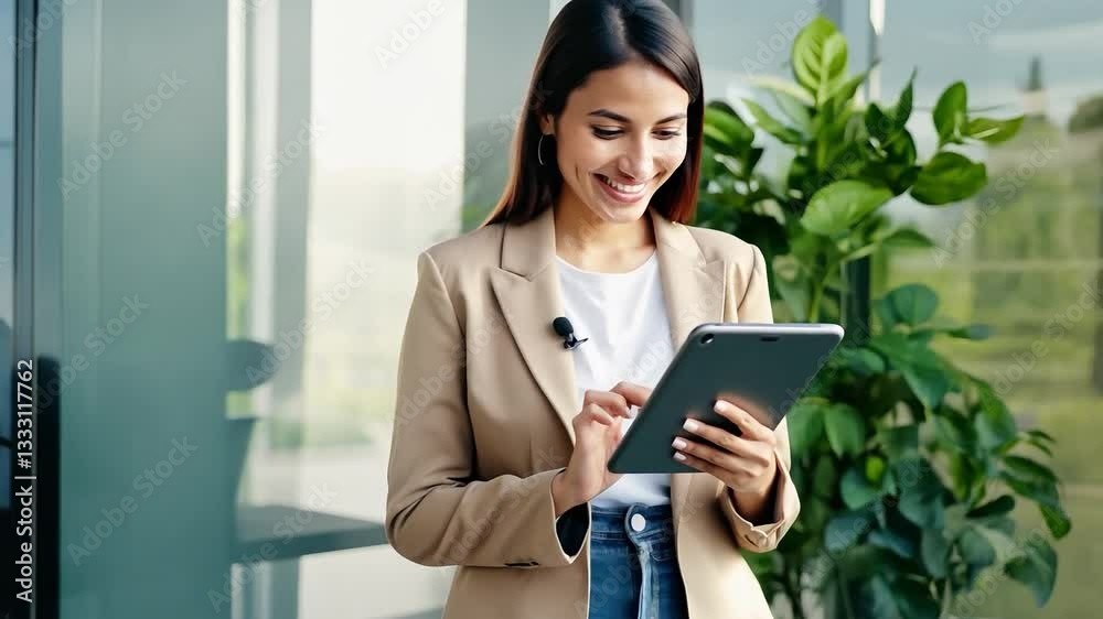 Smiling young businesswoman using a tablet in a modern office with glass walls and green plants. Professional workplace and digital technology concept Smiling young businesswoman using a tablet in a modern office with glass walls and green plants. Professional workplace and digital technology concept