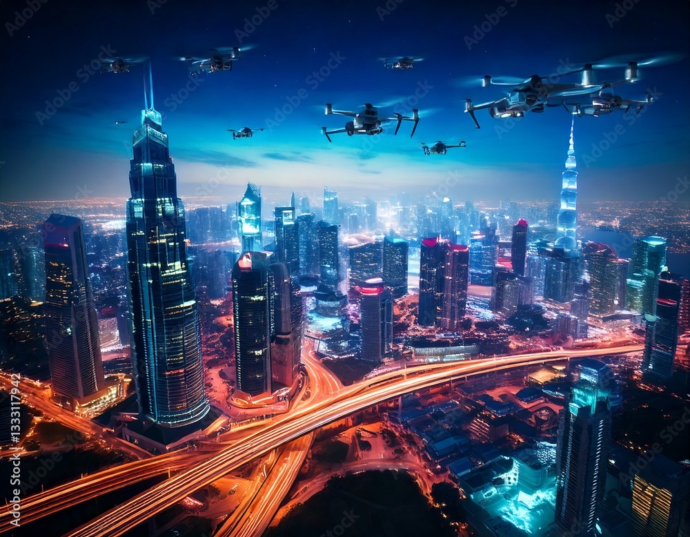 Fototapeta premium Hyper-realistic night view of a neon-lit smart city with futuristic skyscrapers and flying drones - Generated image