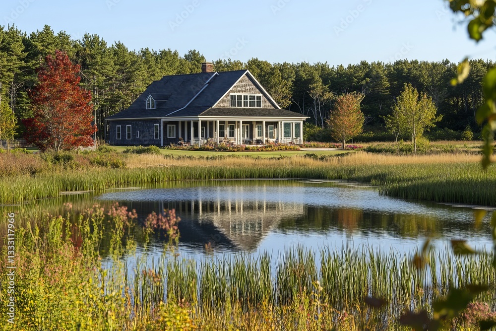 Stunning Waterfront Home Autumn Landscape Peaceful Pond House Exterior Design Beautiful Residential Architecture Luxury Real Estate Property Lakefront Stunning Waterfront Home Autumn Landscape Peaceful Pond House Exterior Design Beautiful Residential Architecture Luxury Real Estate Property Lakefront