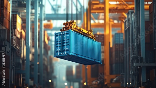 Global Trade and Logistics: A Blue Cargo Container Suspended in a Busy Port