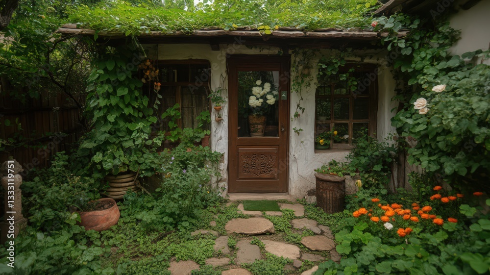 Fototapeta premium Overgrown Cottage Entrance with Stone Path and Lush Greenery