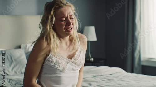 woman sitting on bed with pain, young woman sitting on bed video, young woman suffering from acute pain, woman suffering in pain. young woman suffering in pain, ai generated