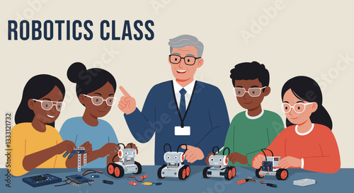 Teacher giving robotics class to multiethnic group of children. Colorful flat design vector