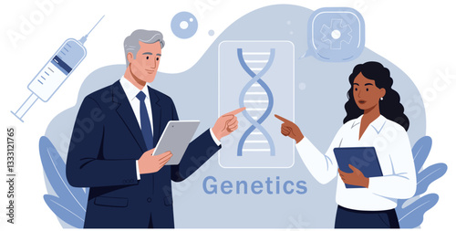 Man and woman scientists working on genetics DNA discovery. Minimalist flat design illustration