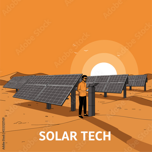 Solar panels tech in desert remote location. Colorful flat design illustration
