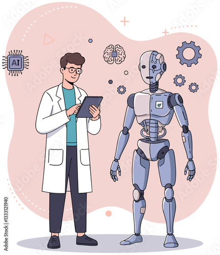 Male scientist working on new android AI robot. Colorful minimalist flat design illustration