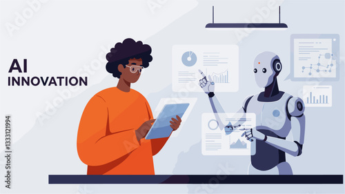 Colorful illustration of person working with AI robot with statistics and data science