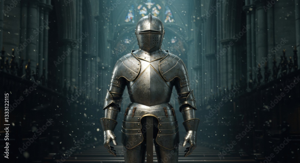 A solitary knight in shining armor stands in a grand cathedral, illuminated by stained glass - armor of god pictures | armour of god A solitary knight in shining armor stands in a grand cathedral, illuminated by stained glass - armor of god pictures | armour of god