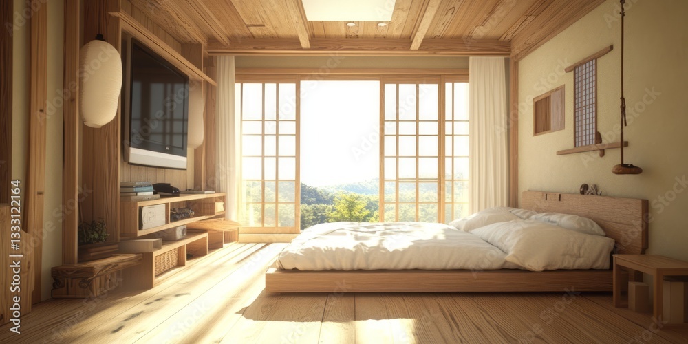 Obraz premium A serene bedroom interior featuring natural wood and expansive views