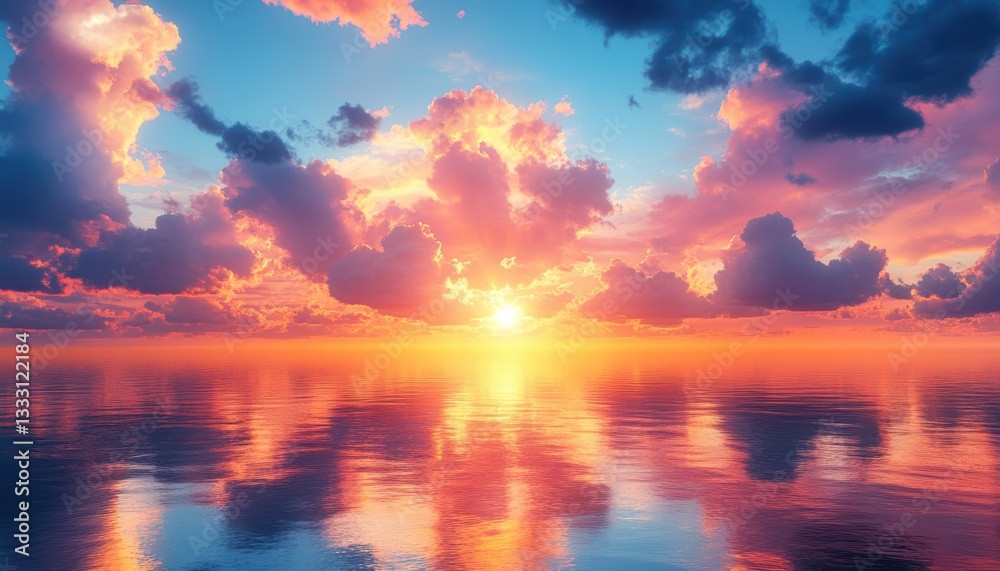 Fototapeta premium Aerial view of a vibrant sunset illuminating the ocean and clouds.