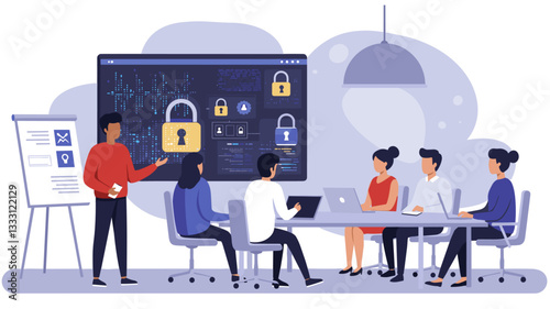 Business team working on new data encryption systems. Colorful minimalist flat design vector