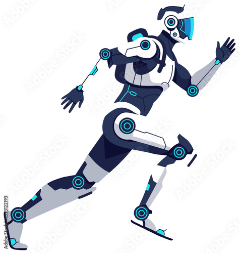 Android exoskeleton suit running fast. Minimalist flat design illustration