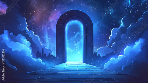 A mystical portal in a starry night sky, leading to a vibrant universe with distant city silhouettes