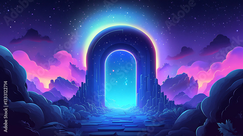 A vibrant digital landscape featuring a glowing archway surrounded by colorful clouds and stars