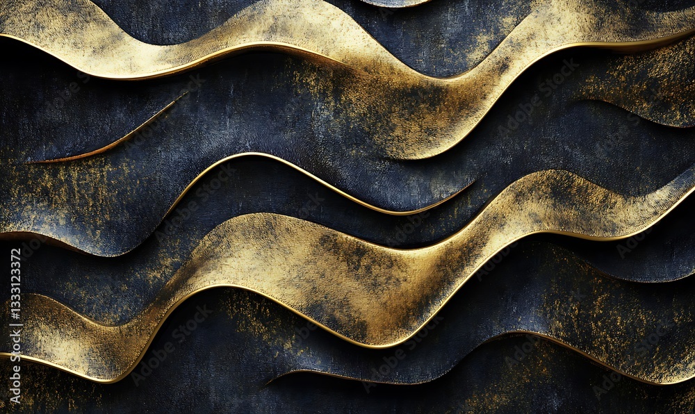 Abstract pattern features metallic gold and black curving ribbons Abstract pattern features metallic gold and black curving ribbons