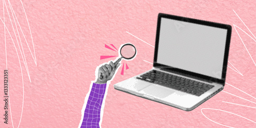 Trendy pop art collage search concept. Halftone laptop, cut out hand with magnifying glass. Modern retro textured vector illustration. Information search, people attraction, HR work