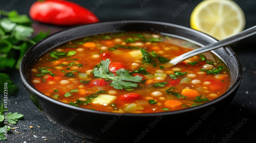 Hearty vegetable soup with beans in a bowl Hearty vegetable soup with beans in a bowl