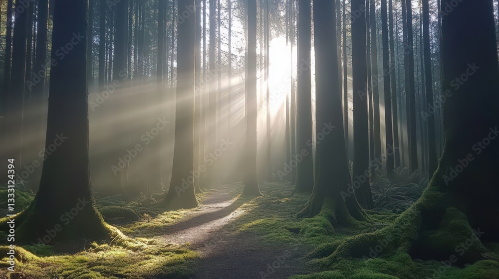 Obraz premium Sunbeams Through a Misty Forest Path