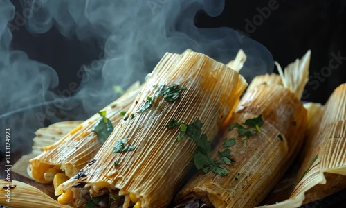 Steaming hot tamales wrapped in corn husks, garnished with herbs, served on a rustic plate
