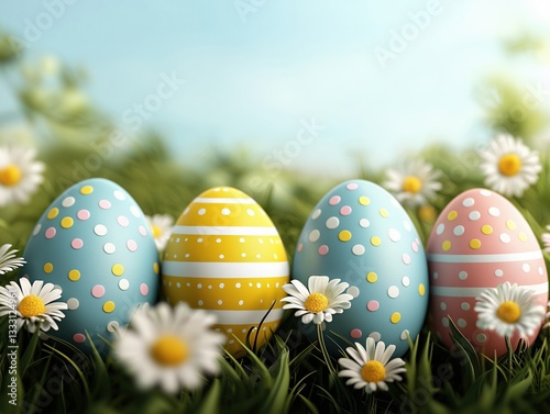 Four decorated Easter eggs in a grassy field with daisies and a blue sky.