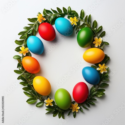 A vibrant display of decorated Easter eggs surrounded by green leaves and yellow flowers.