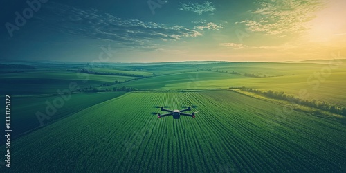 A drone flying above lush green fields during sunset, capturing the landscape from above.
