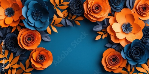 A vibrant arrangement of paper flowers in orange, blue, and green on a teal background.
