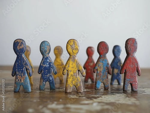A group of colorful wooden figurines standing on a rustic surface.