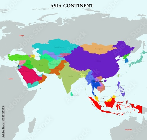 The depiction of countries in the world on a map in each continent.