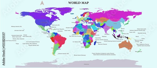 A world map that shows all existing countries with different colors for each country