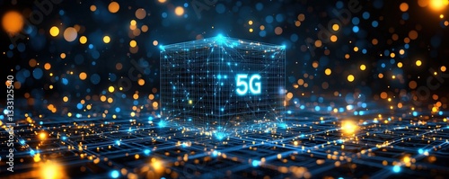 A glowing 5G cube surrounded by digital lights and a futuristic background.