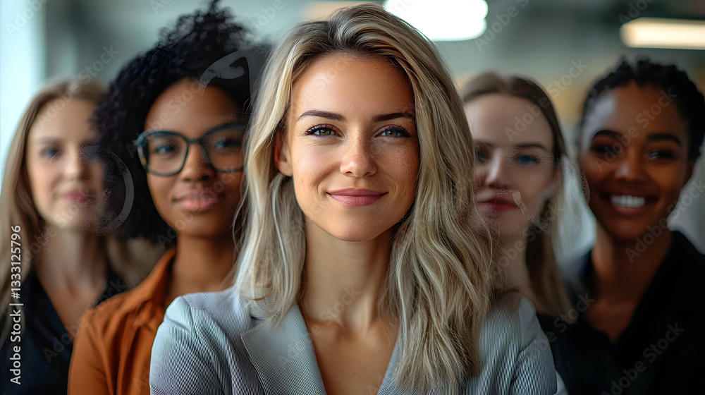 Womens Day. Labor Day. Interracial group of powerful independent executive women in the office Womens Day. Labor Day. Interracial group of powerful independent executive women in the office