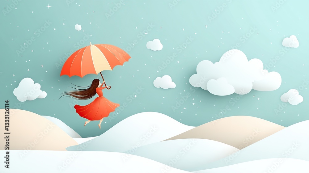 Fototapeta premium A girl with an umbrella floats amidst clouds and hills