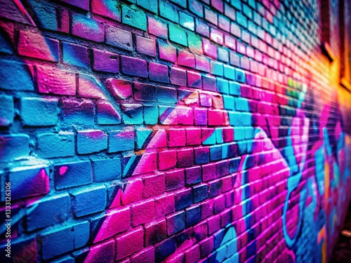 Vibrant Pink & Blue Graffiti Brick Wall - Urban Art Low Light Photography