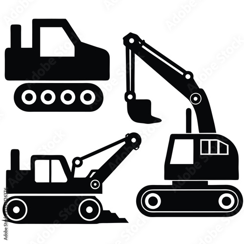 Construction Vehicle Icons: A set of stylized black and white icons depicting various construction vehicles.