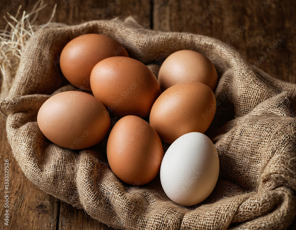 Fresh Brown and White Eggs on Burlap Cloth Fresh Brown and White Eggs on Burlap Cloth