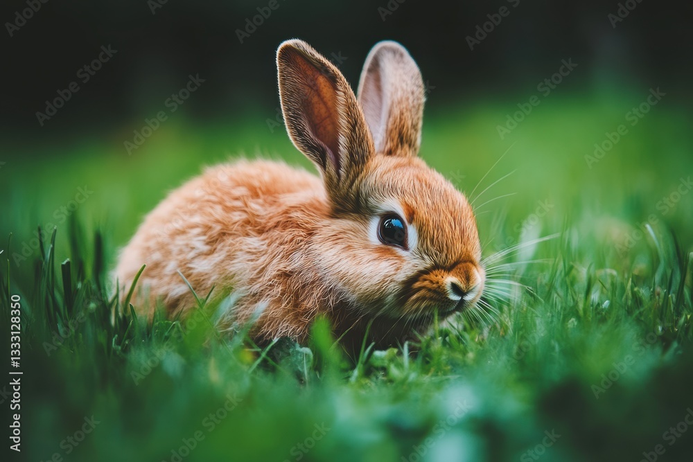 A small rabbit sits peacefully in the green grass, symbolizing spring and Easter joy. A small rabbit sits peacefully in the green grass, symbolizing spring and Easter joy.