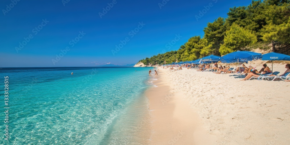 People relax on the beach under umbrellas enjoying a sunny day with clear skies. People relax on the beach under umbrellas enjoying a sunny day with clear skies.