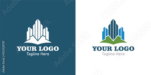 Modern Logo Of a book with a skyscraper on top.