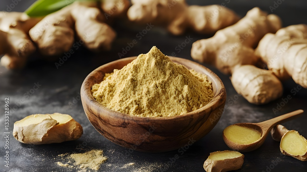 Fototapeta premium Ginger powder in wooden bowl.